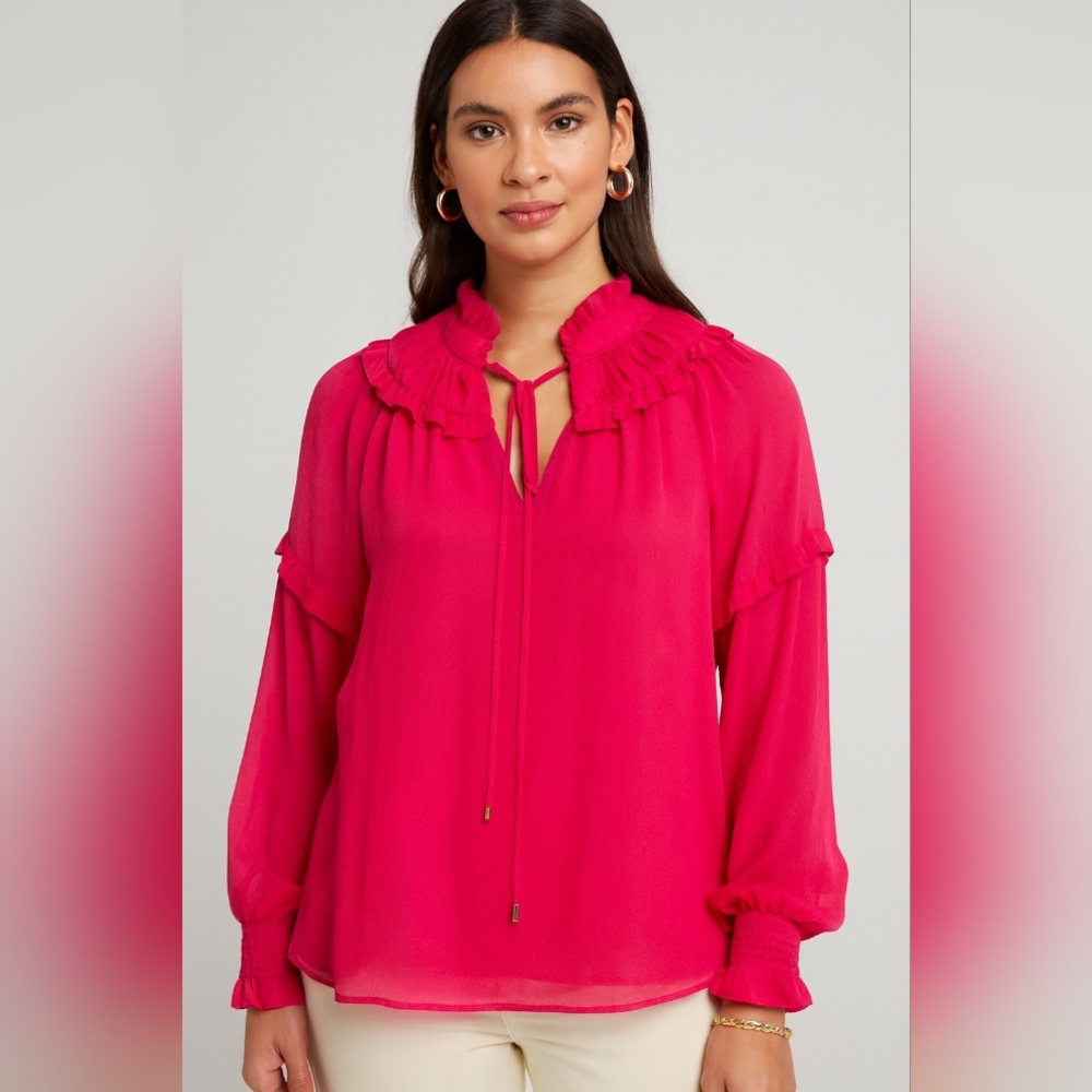 ESQUALO Pink Ruffle Long Sleeve Sheer Blouse 6 NWT
